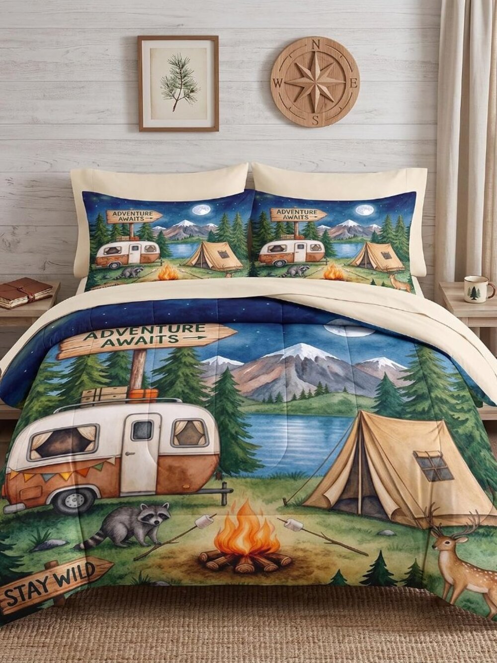 7 Pcs Queen Size Comforter Set, Camping Woodland Bedding